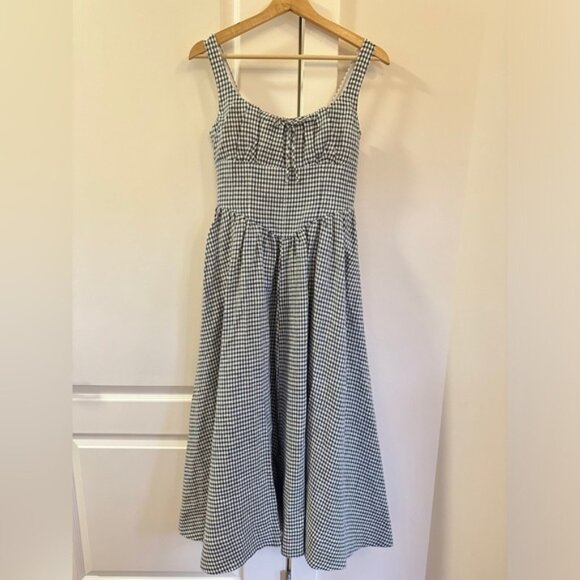 NEW Reformation Balia Midi Linen Dress in Slate Check Plaid Navy White | size 2 - Picture 8 of 16